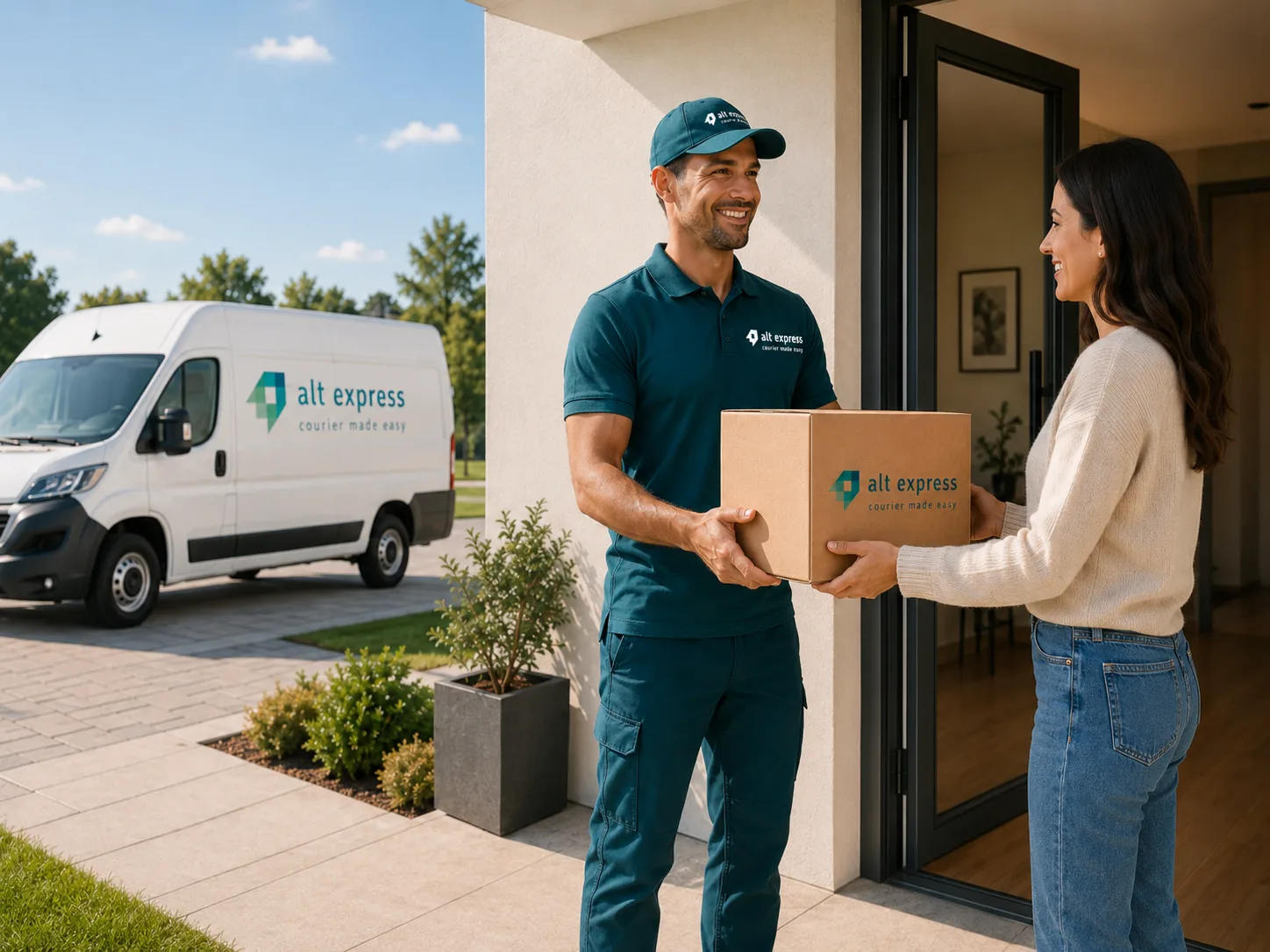 Alt Express courier delivering a parcel to a customer